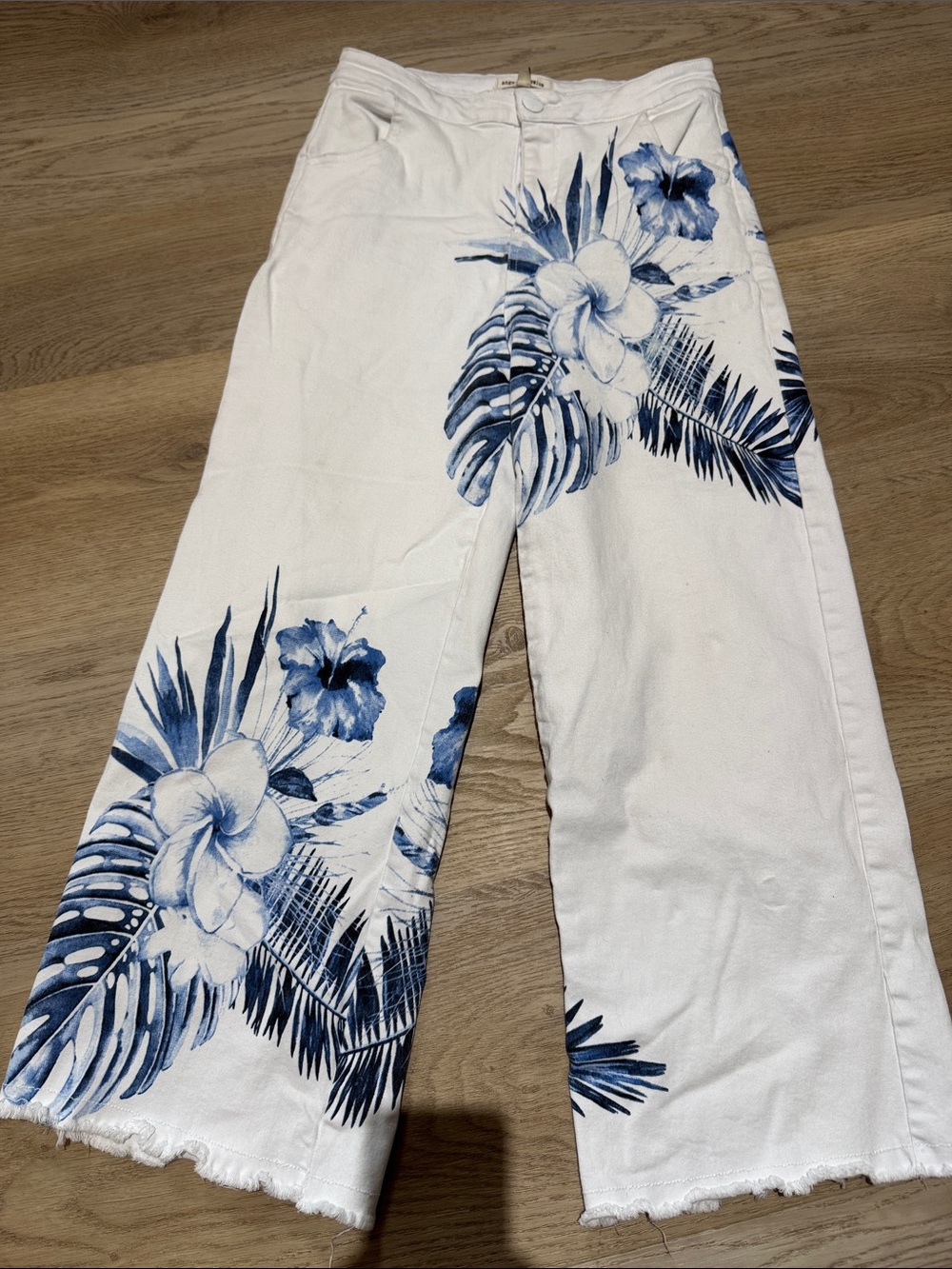 Angel White Denim Jeans with Blue Tropical Print